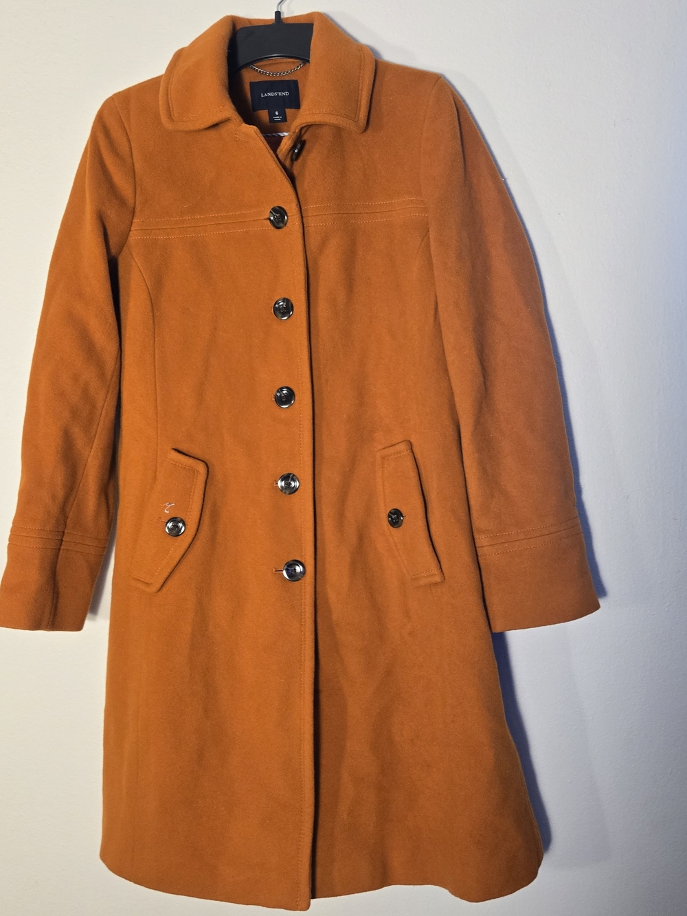 Lands' End Women's Orange Wool-Blend Single-Breasted Pea Coat